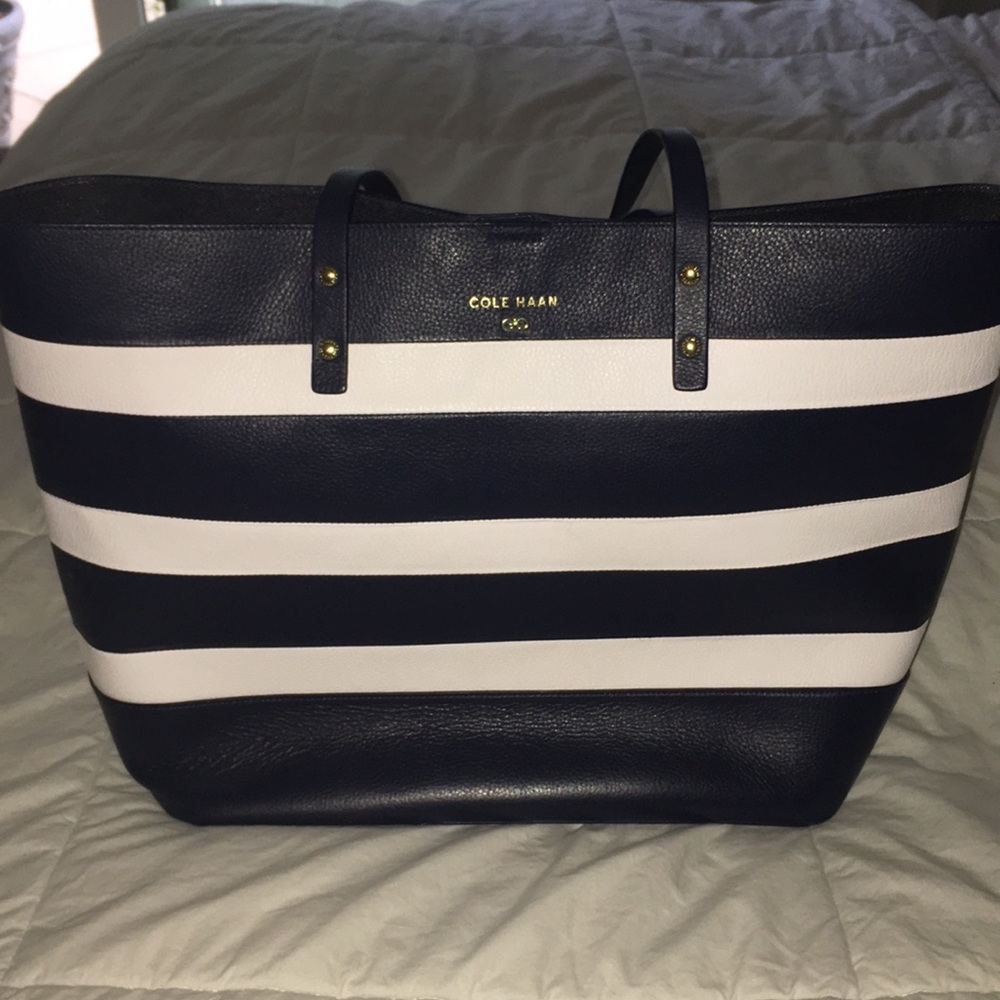 Cole Haan navy and white striped tote bag